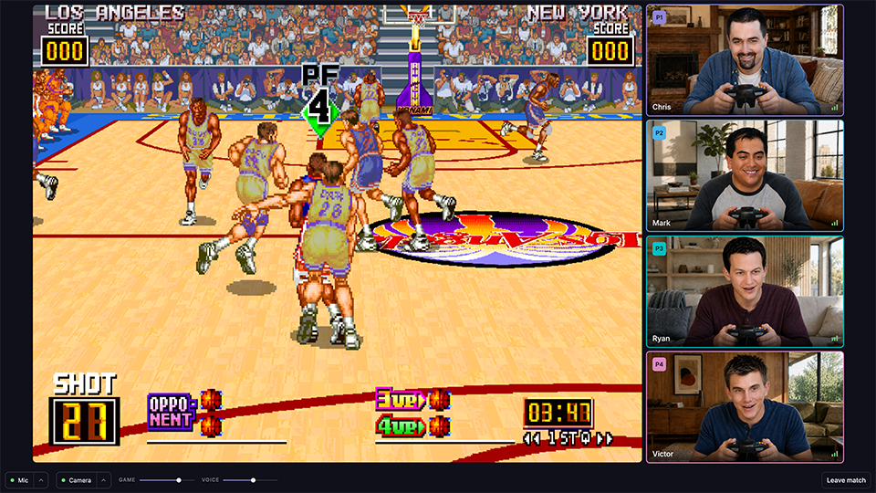 Showtime in play: Run and Gun beside four live camera tiles, with the mic, camera, volume and Leave match controls along the bottom